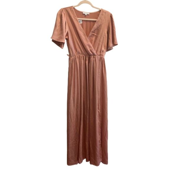 Baltic Born Blush Pink Satin Maxi Dress Flutter Sleeve V-Neck Women's M Formal - Picture 1 of 9